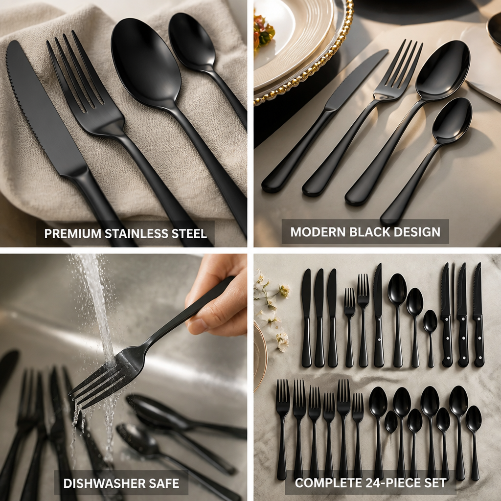Cutlery Set 24-Piece Modern Black Stainless Steel Dishwasher Safe