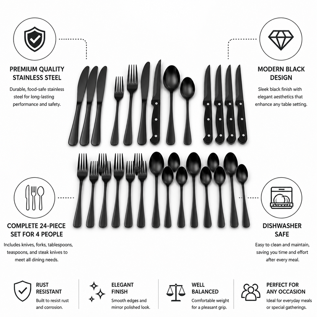 Cutlery Set 24-Piece Modern Black Stainless Steel Dishwasher Safe