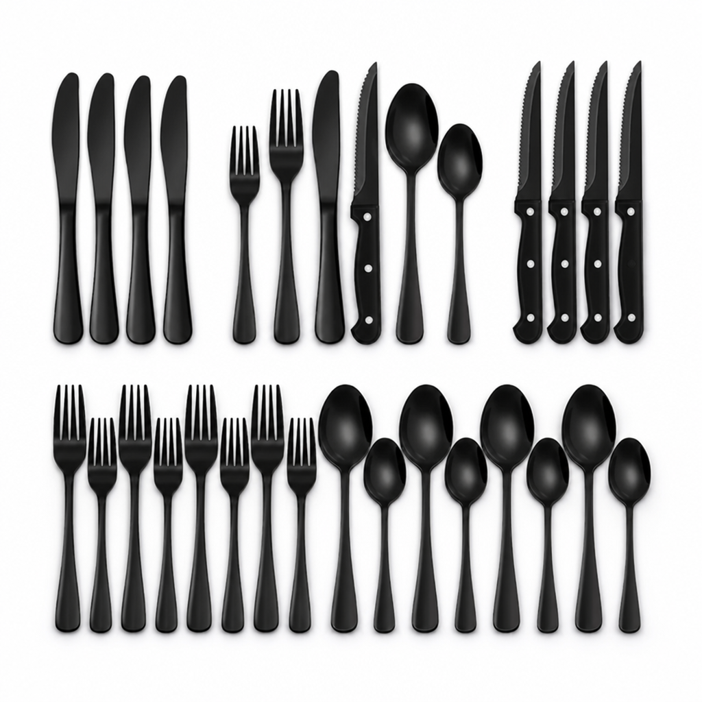Cutlery Set 24-Piece Modern Black Stainless Steel Dishwasher Safe