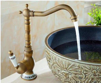 Deck-Mount Basin Faucet 360° Swivel Spout Antique Gold Finish