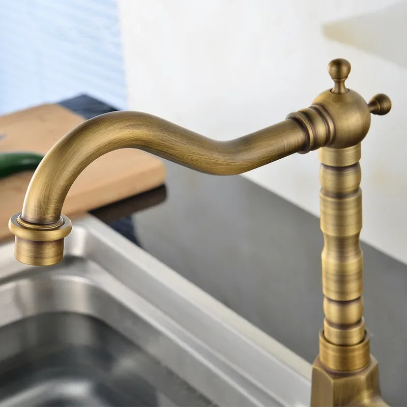 Deck-Mount Basin Faucet 360° Swivel Spout Antique Gold Finish