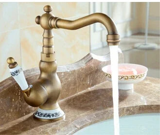 Deck-Mount Basin Faucet 360° Swivel Spout Antique Gold Finish