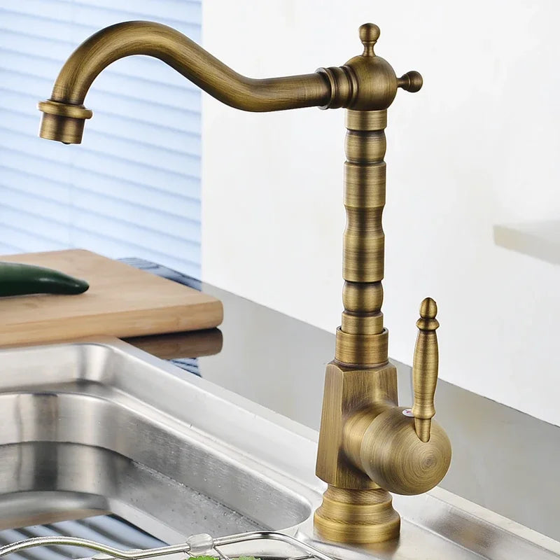 Deck-Mount Basin Faucet 360° Swivel Spout Antique Gold Finish