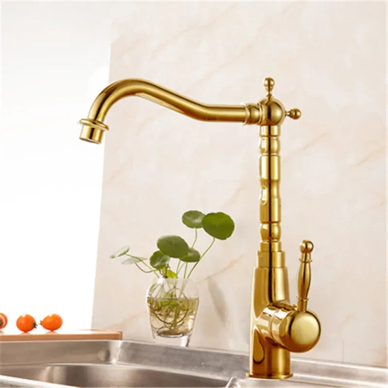 Deck-Mount Basin Faucet 360° Swivel Spout Antique Gold Finish