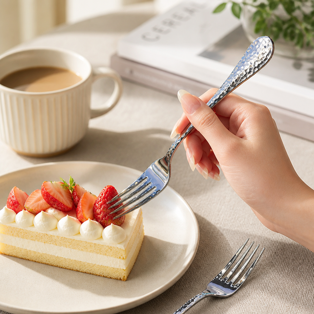 Dessert Fork Stainless Steel Hammered Pattern Dishwasher Safe