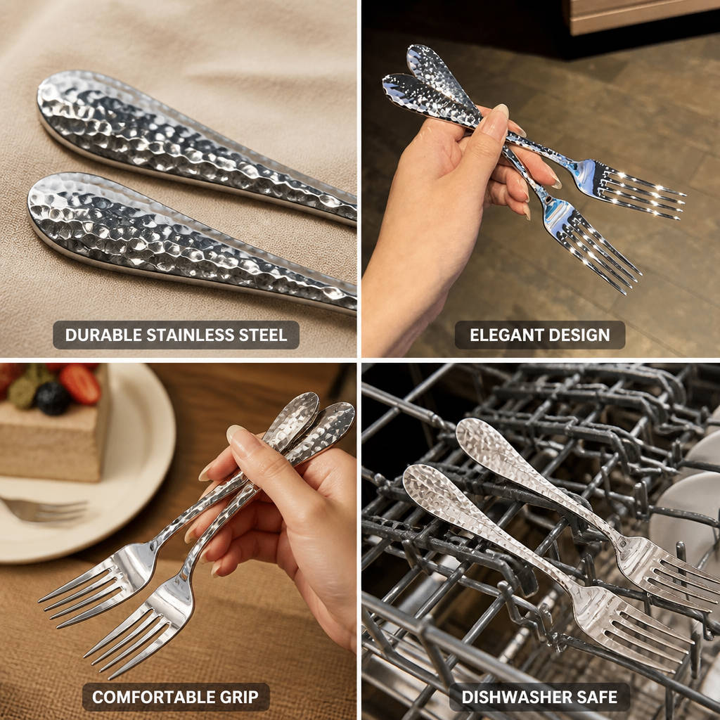 Dessert Fork Stainless Steel Hammered Pattern Dishwasher Safe