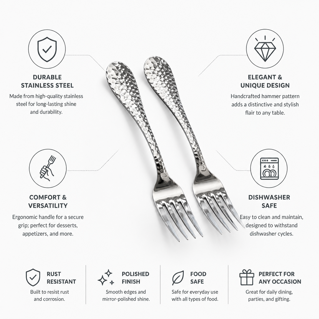 Dessert Fork Stainless Steel Hammered Pattern Dishwasher Safe