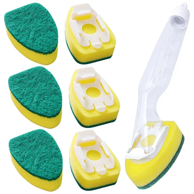 Dish Brush Refillable Push-Button & Non-Scratch Sponges
