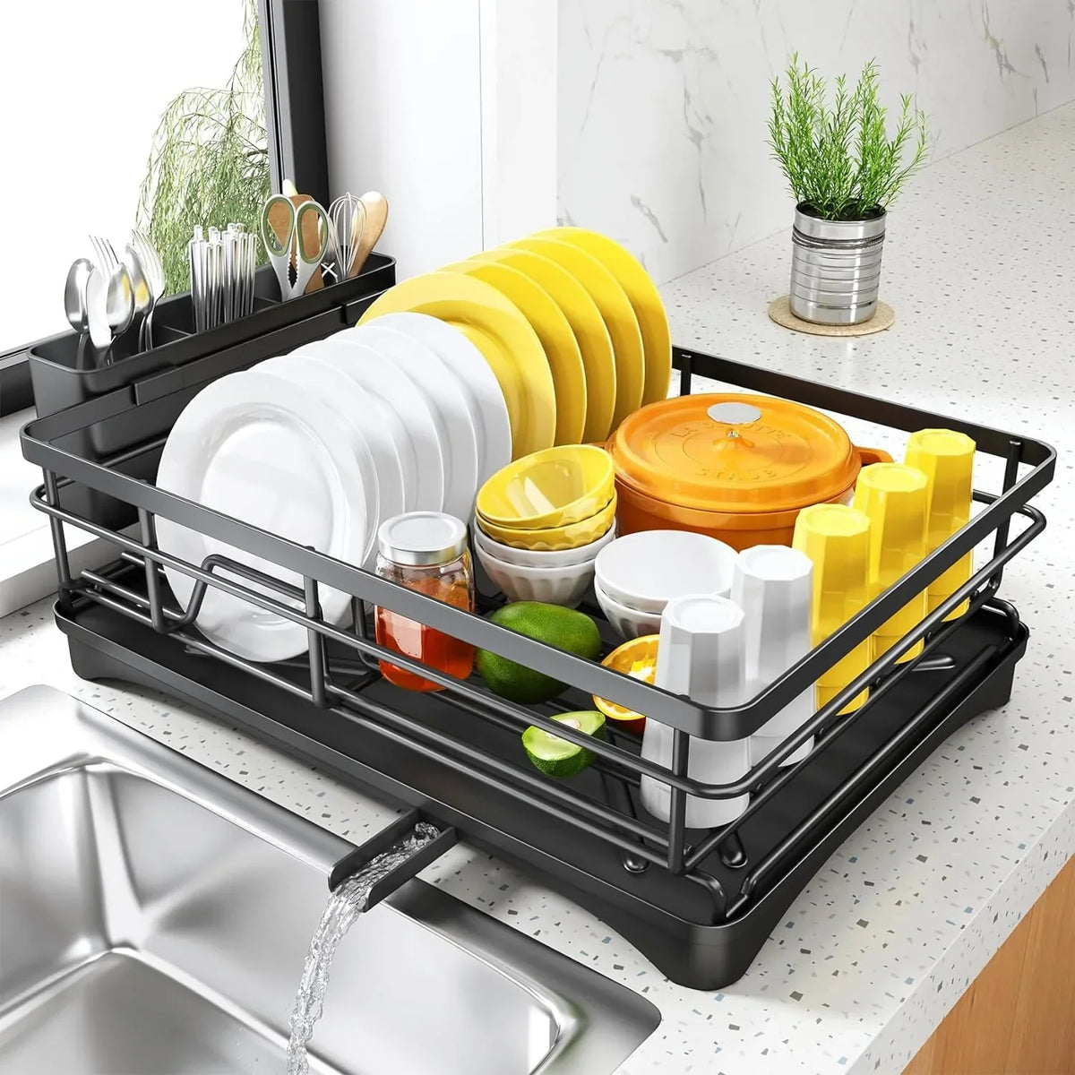 Dish Drying Rack Large Rustproof Angled Drainboard & Spout