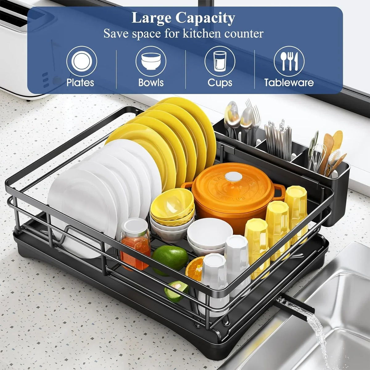 Dish Drying Rack Large Rustproof Angled Drainboard & Spout