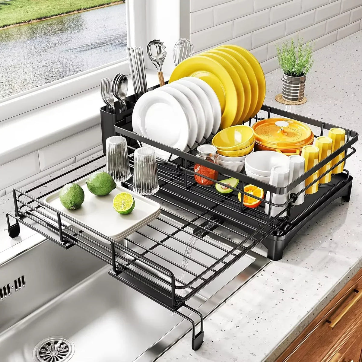 Dish Drying Rack Large Rustproof Angled Drainboard & Spout