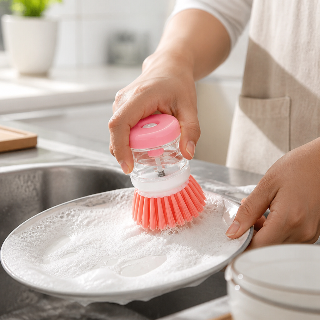 Dish Scrub Brush Refillable Soap Dispenser Ergonomic Grip