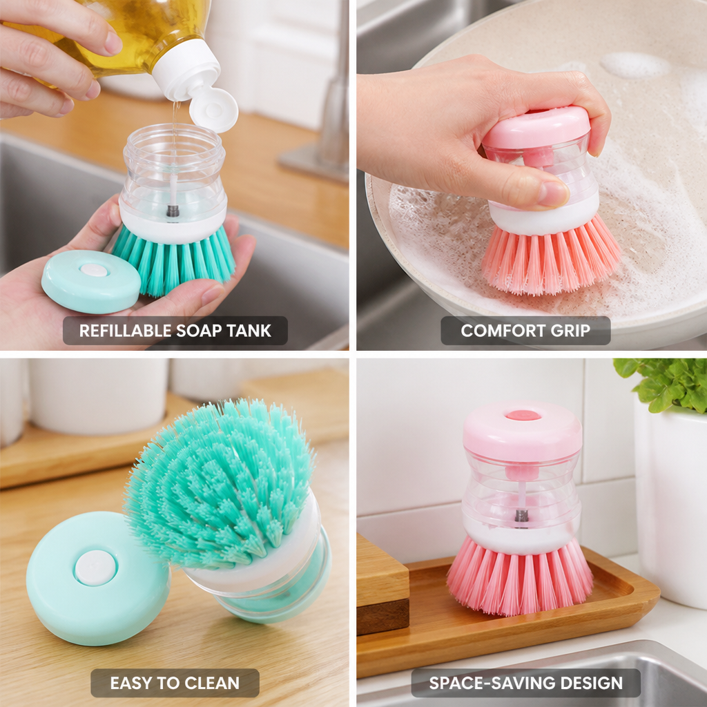Dish Scrub Brush Refillable Soap Dispenser Ergonomic Grip