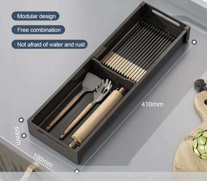 Dish & Utensil Drawer Organizer Adjustable Pull-Out Rust-Resistant Aluminum