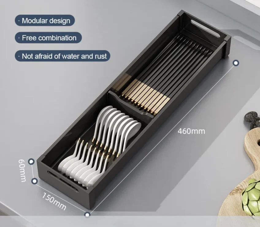 Dish & Utensil Drawer Organizer Adjustable Pull-Out Rust-Resistant Aluminum