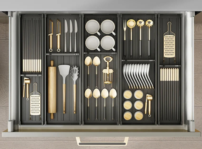 Dish & Utensil Drawer Organizer Adjustable Pull-Out Rust-Resistant Aluminum