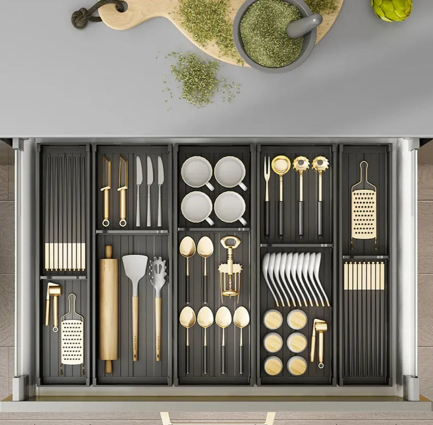 Dish & Utensil Drawer Organizer Adjustable Pull-Out Rust-Resistant Aluminum