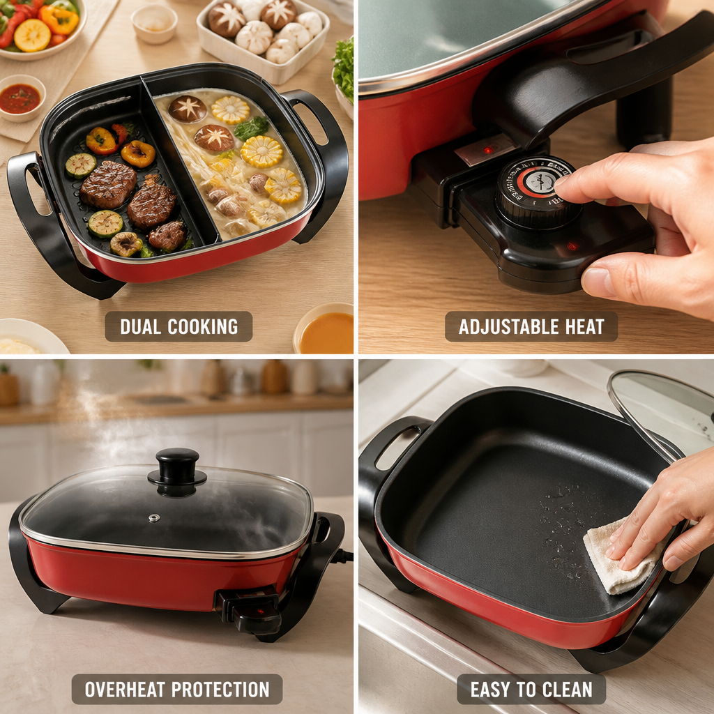 Electric Grill & Hot Pot Adjustable Temperature & Overheat Protection