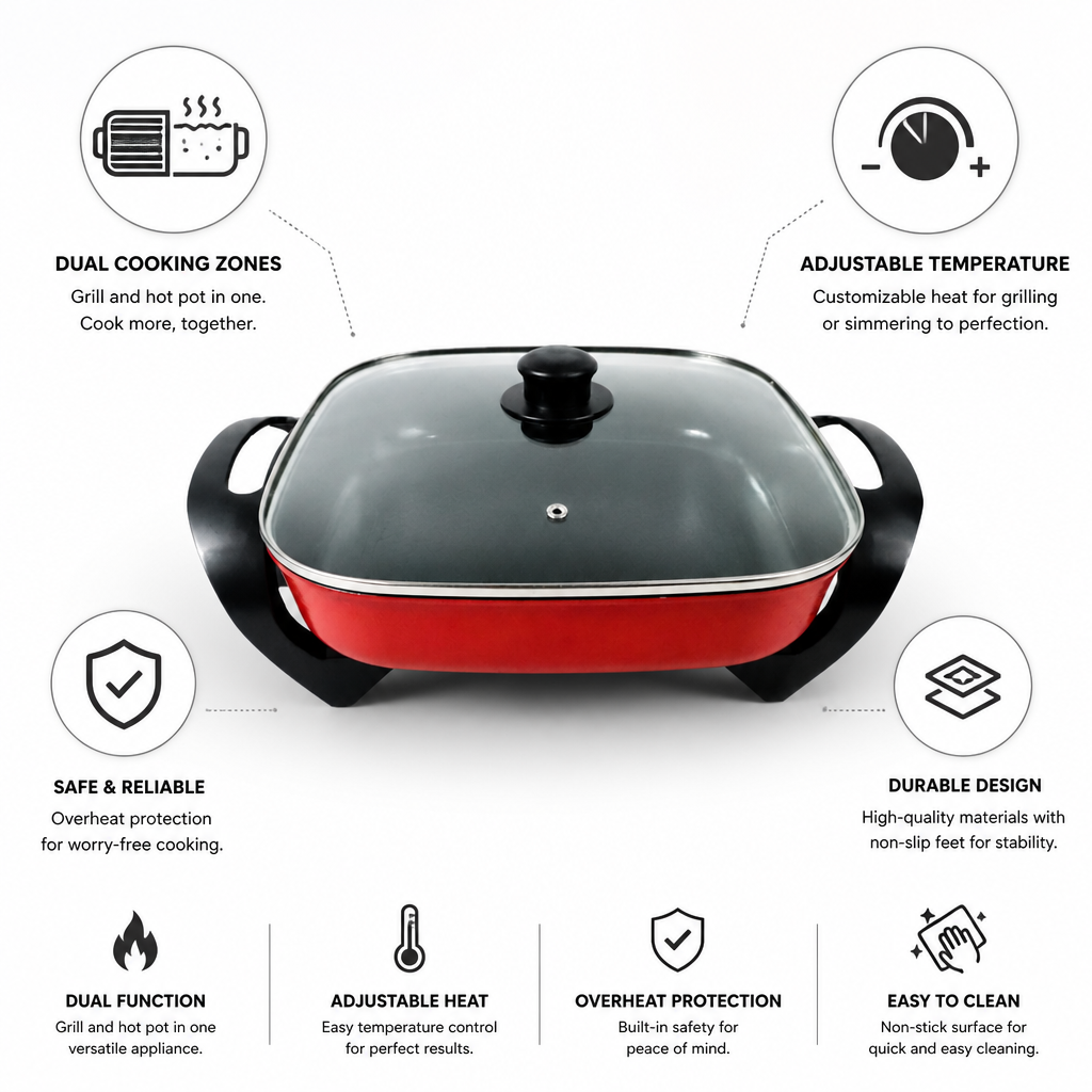 Electric Grill & Hot Pot Adjustable Temperature & Overheat Protection