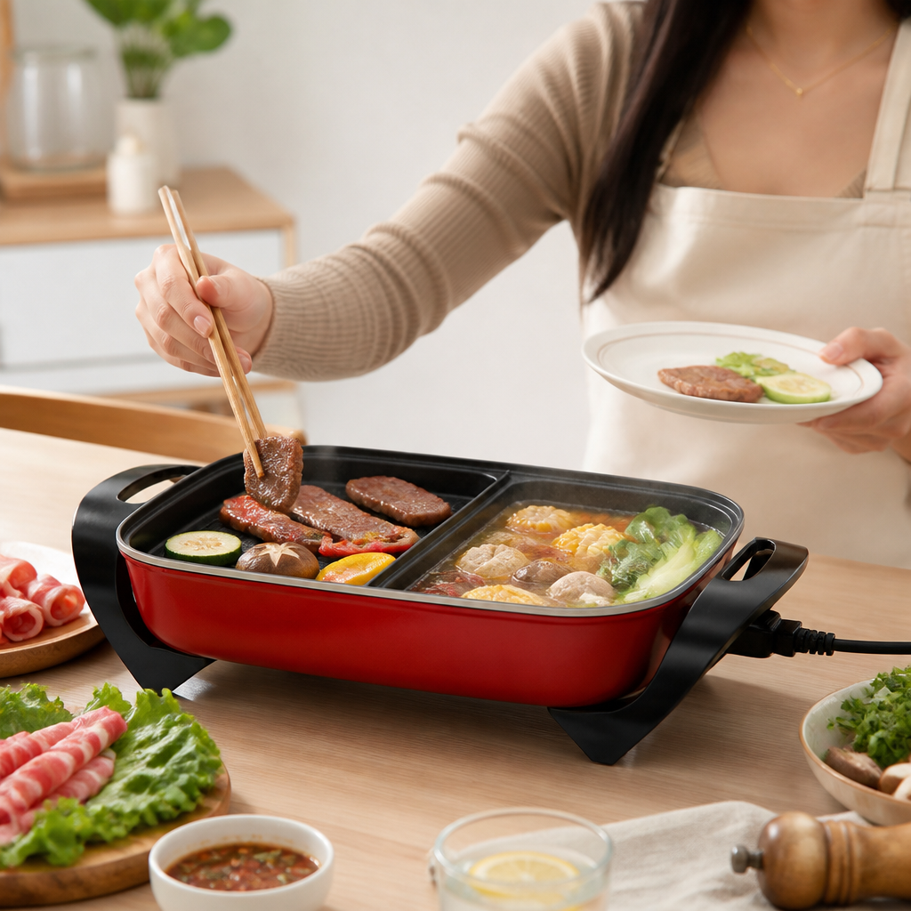 Electric Grill & Hot Pot Dual Cooking Adjustable Heat