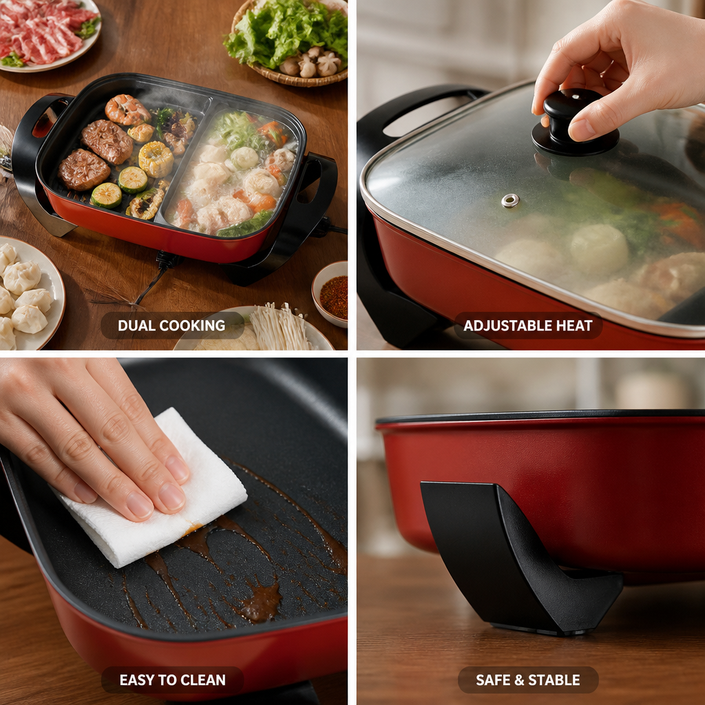 Electric Grill & Hot Pot Dual Cooking Adjustable Heat