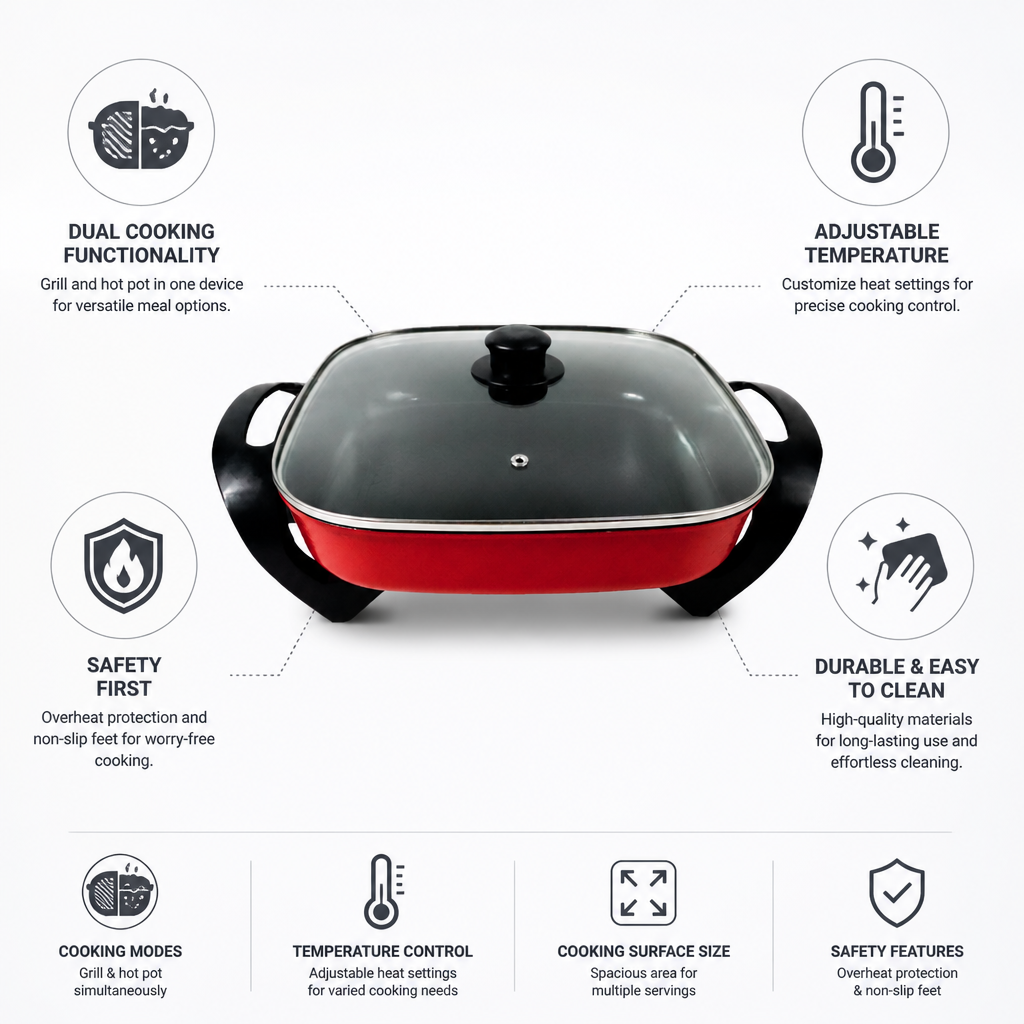 Electric Grill & Hot Pot Dual Cooking Adjustable Heat