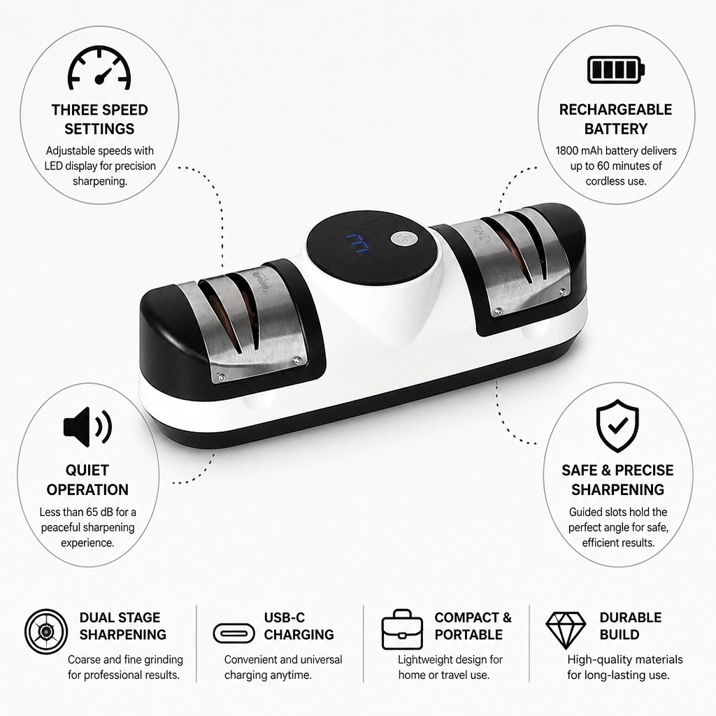 Electric Knife Sharpener Three-Speed LED Rechargeable