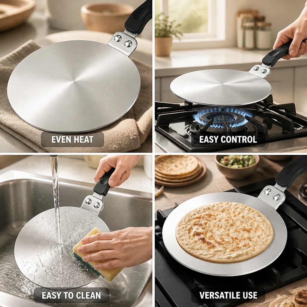 Flat Griddle Pan Stainless Steel Heat-Diffuser Ergonomic Handle