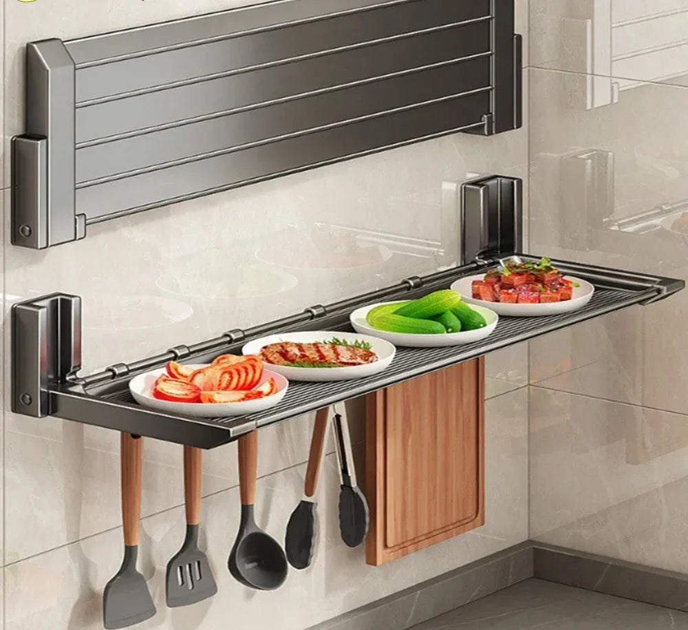 Foldable Spice Rack Self-Adhesive No-Drill Utensil Tray & Hooks