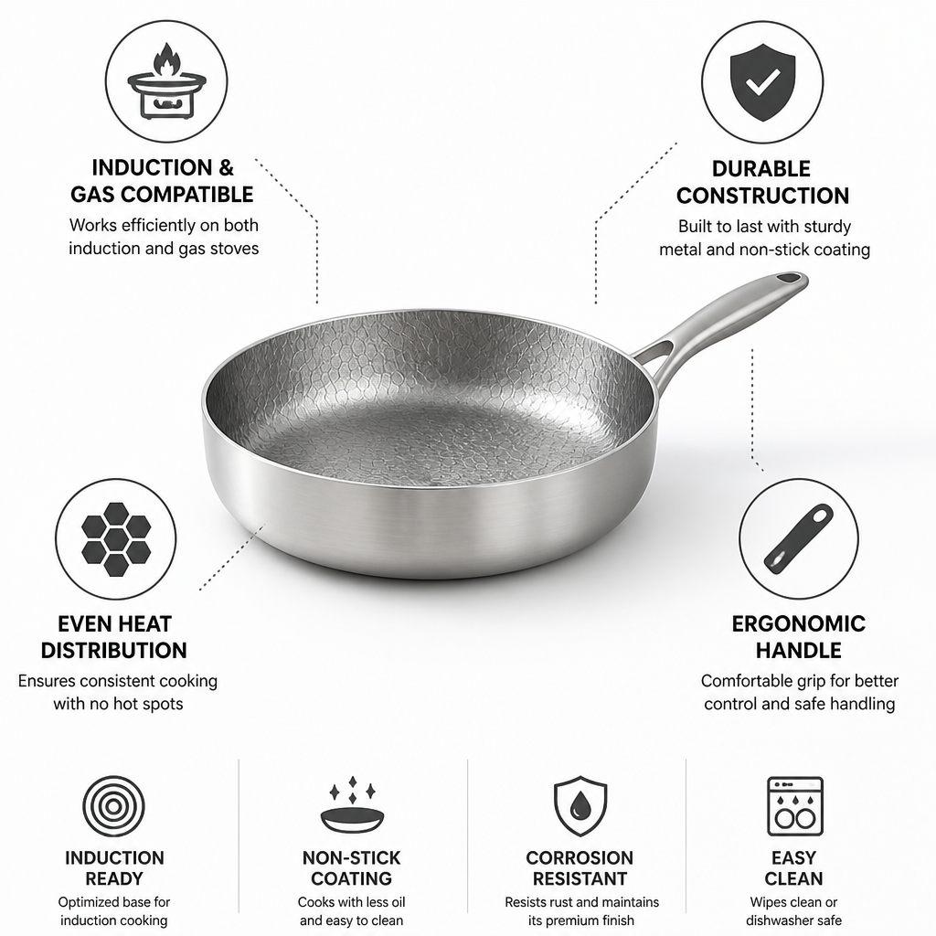 Frying Pan Nonstick Induction & Gas Compatible Ergonomic Handle