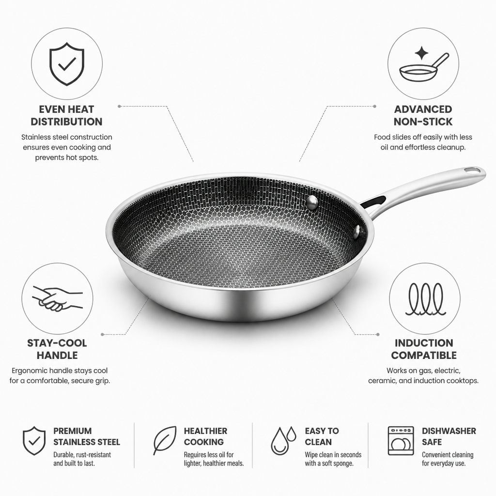 Frying Pan Stainless Steel Non-Stick Induction Compatible Stay-Cool Handle