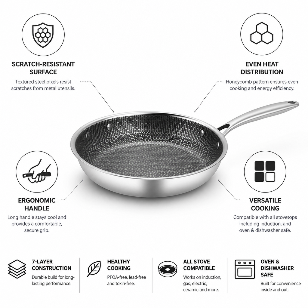 Frying Pan Stainless Steel Non-Stick Scratch-Resistant
