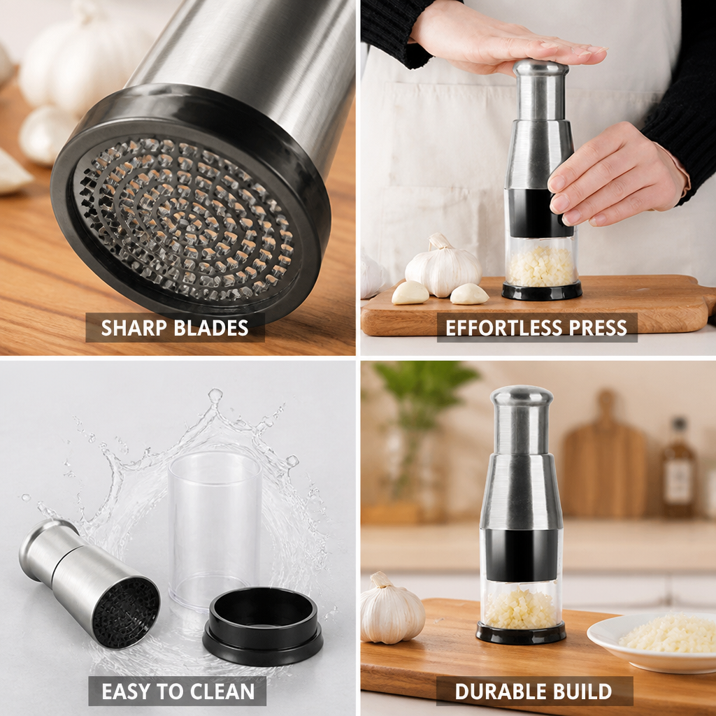 Garlic Press Ergonomic Stainless Steel Blades Easy Clean