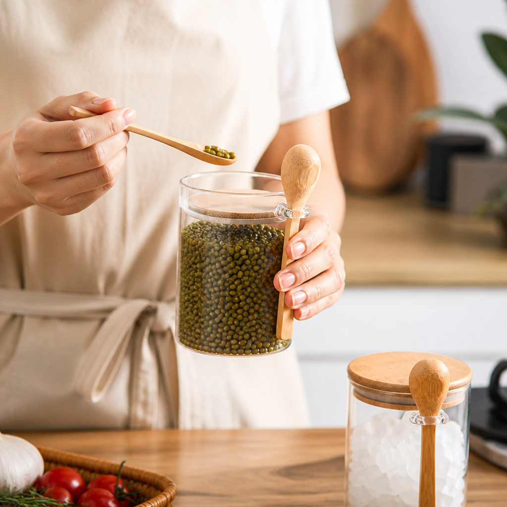 Glass Storage Jar Airtight Wooden Lid & Spoon