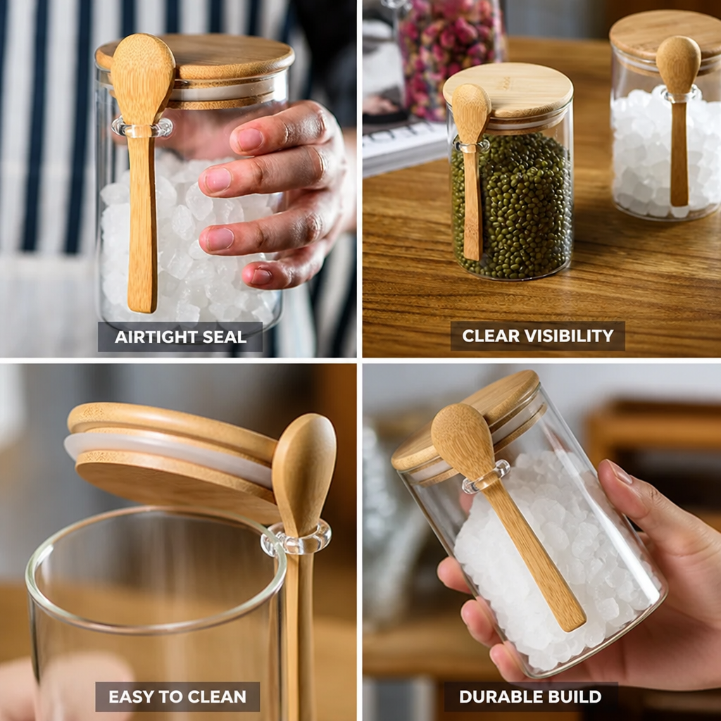 Glass Storage Jar Airtight Wooden Lid & Spoon