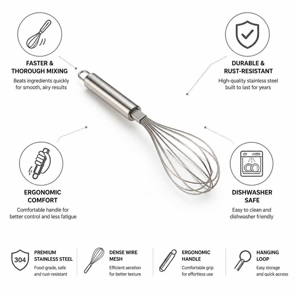Hand Whisk Stainless Steel Ergonomic Dishwasher Safe