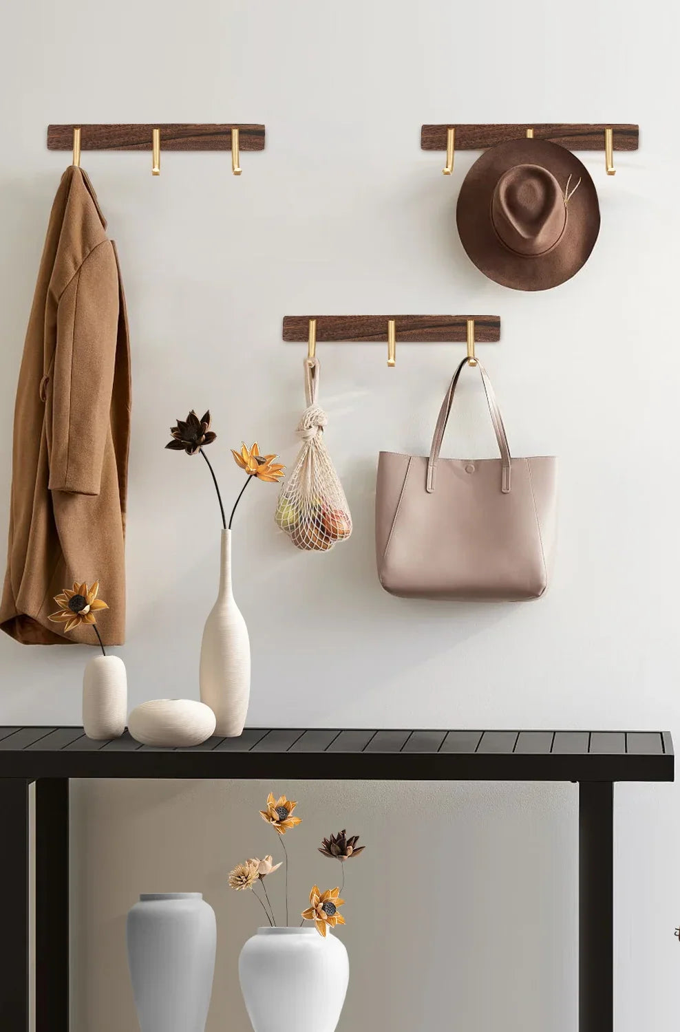 Hook Rack Wall Mounted Walnut Wood 3 Hooks
