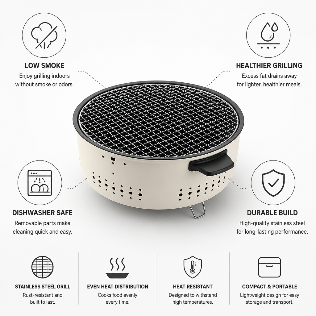Indoor Grill Low-Smoke Stainless Steel Dishwasher-Safe