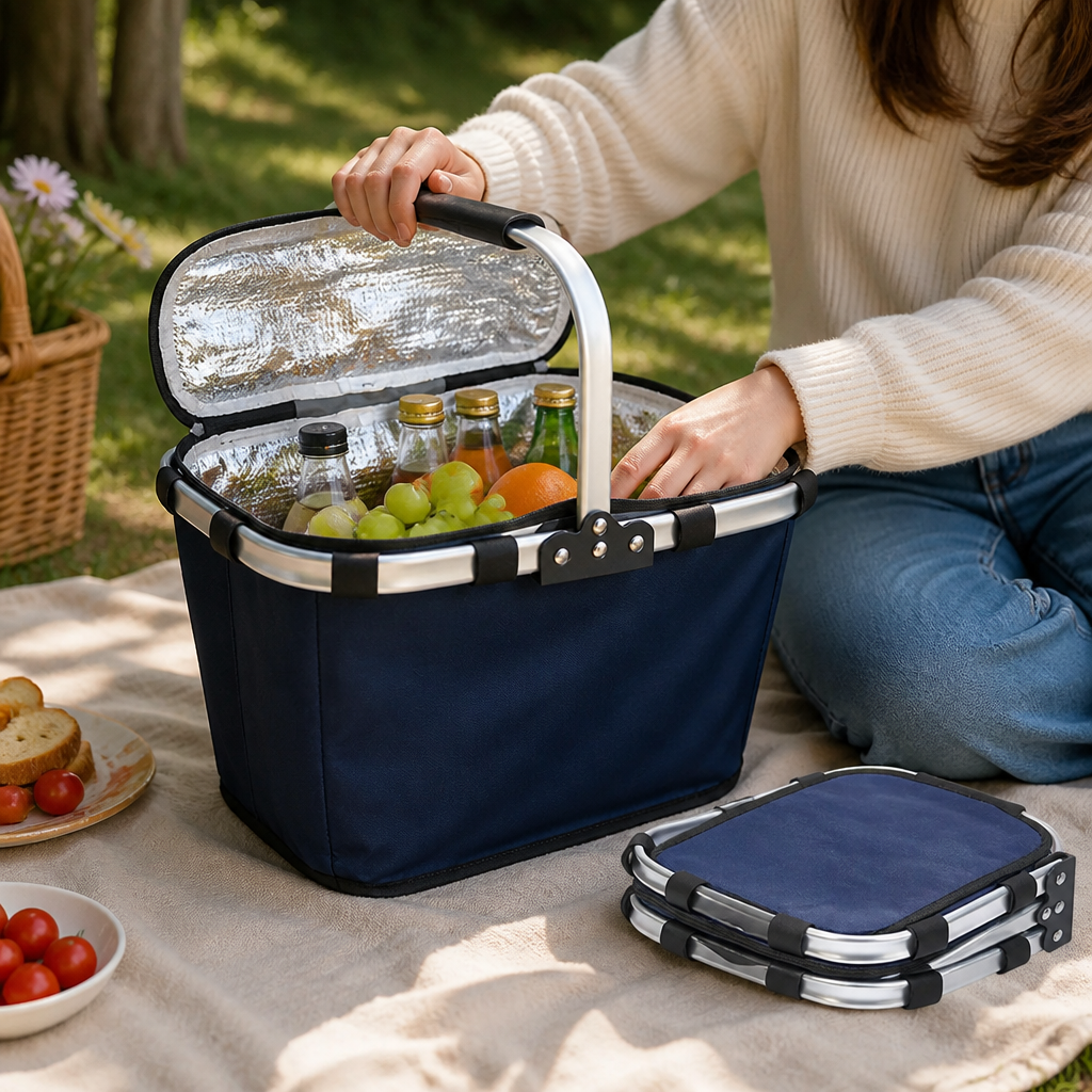 Insulated Folding Picnic Basket With Carry Handle (Triple-Foldable)