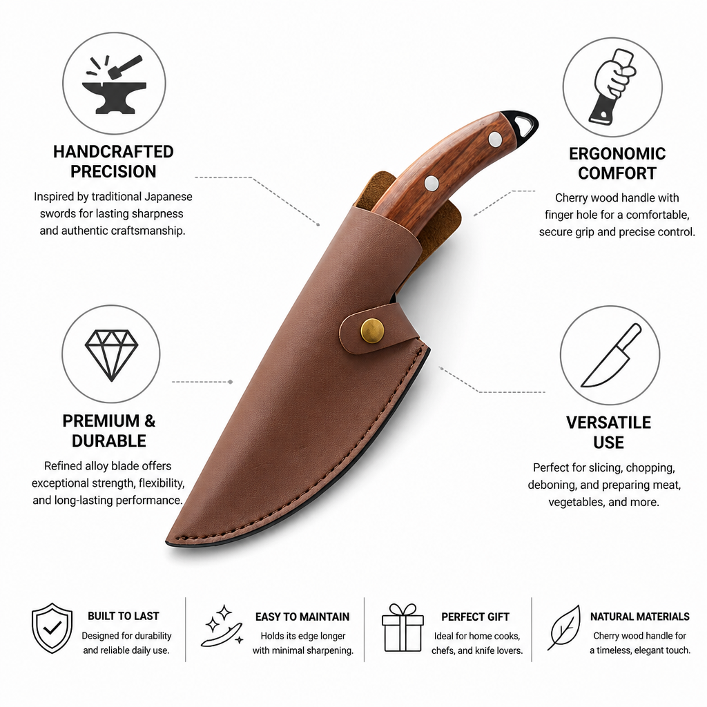 Japanese Kitchen Knife Handcrafted Alloy Blade Cherry Wood Handle