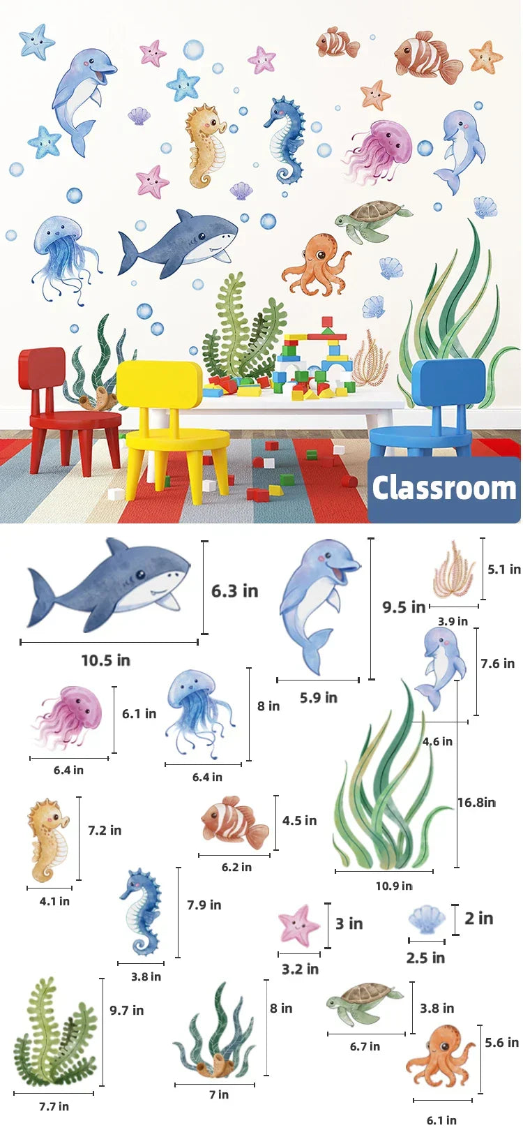 Kids Wall Decals Ocean Animals Peel-And-Stick Repositionable