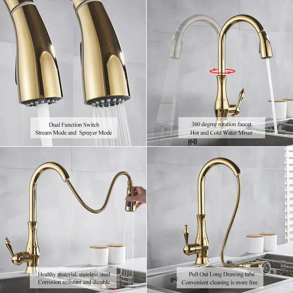 Kitchen Faucet Solid Brass Pull-Down Spray & 360 Degree Swivel
