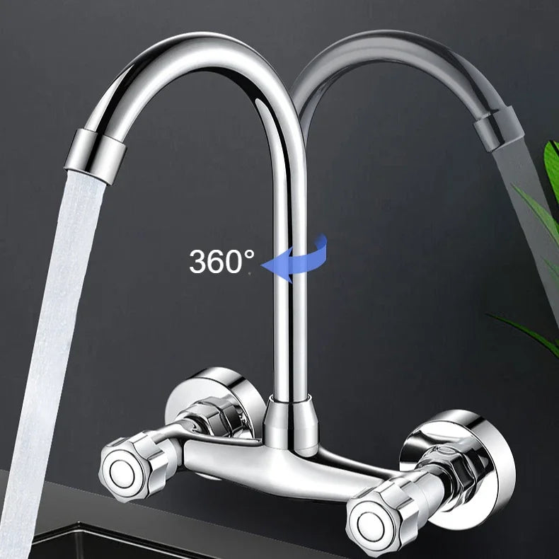 Kitchen Faucet Wall-Mounted 360° Rotating Dual Handles Stainless Steel