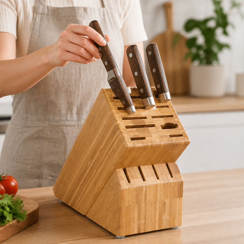 Kitchen Knife Block Angled Bamboo Non-Slip Base