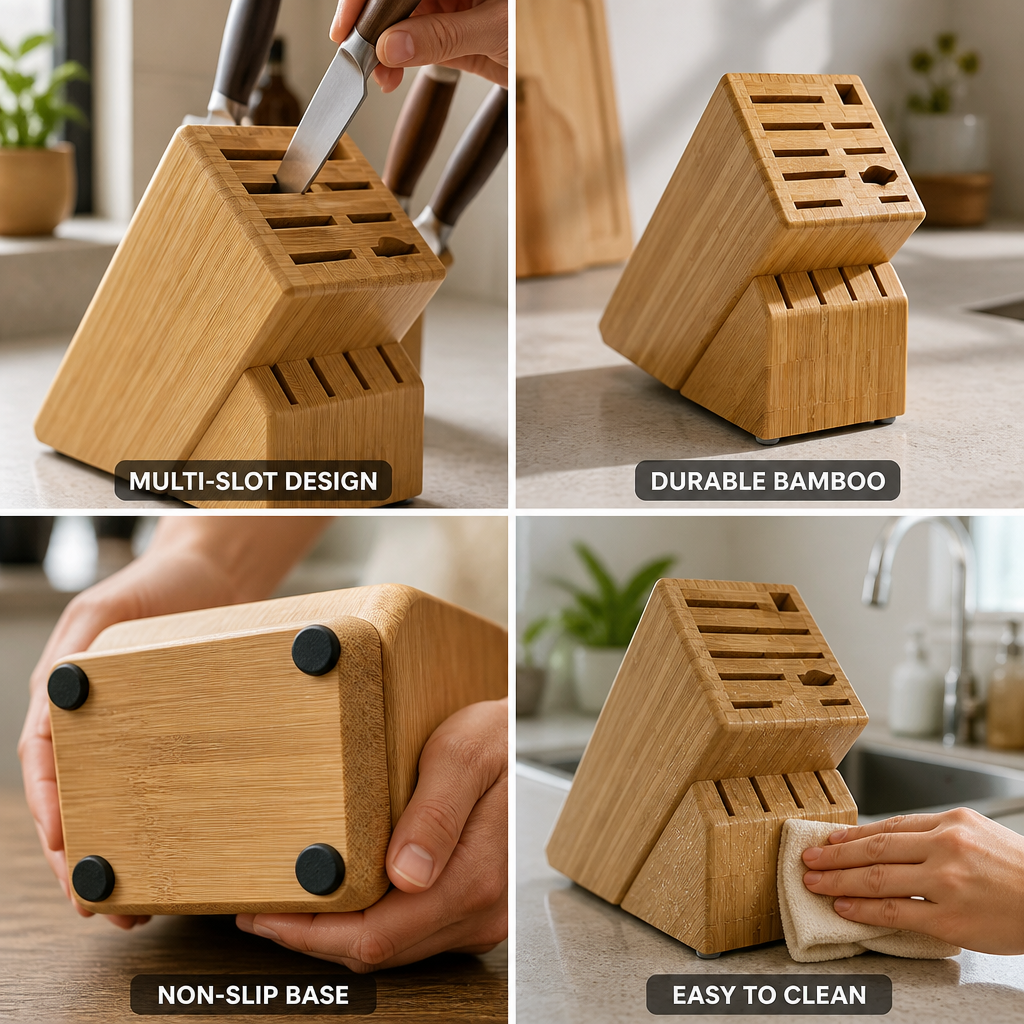 Kitchen Knife Block Angled Bamboo Non-Slip Base