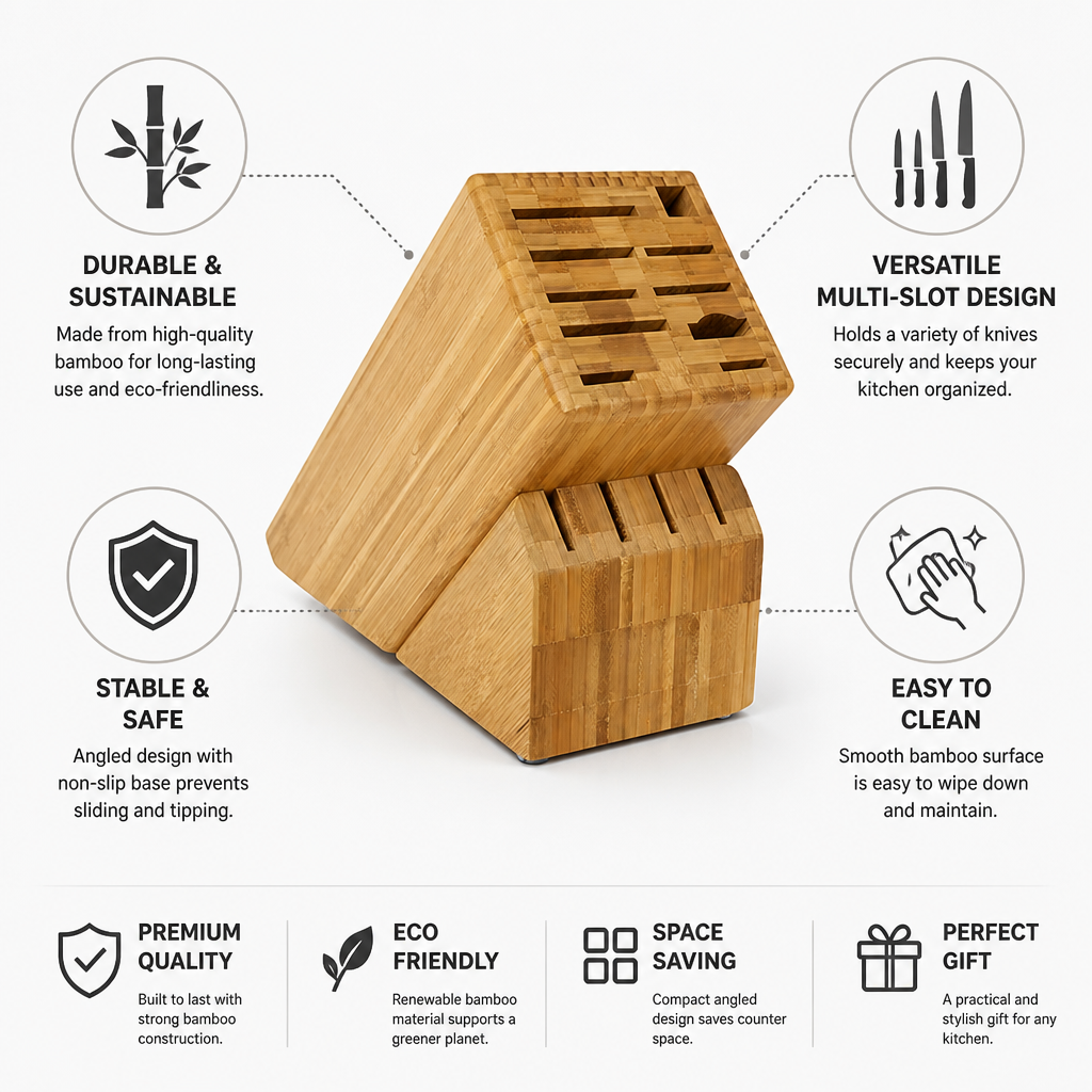 Kitchen Knife Block Angled Bamboo Non-Slip Base