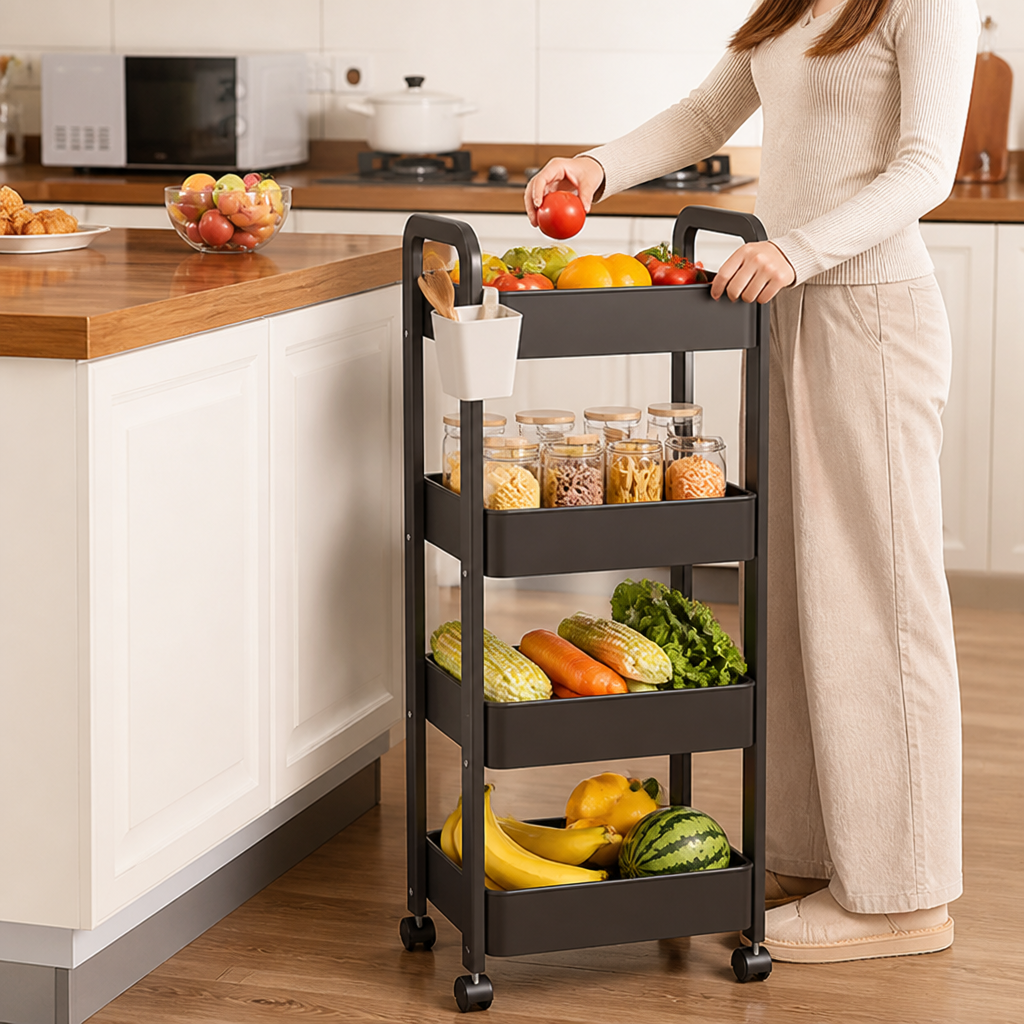 Kitchen Rolling Cart Carbon Steel Wheels & Removable Boxes