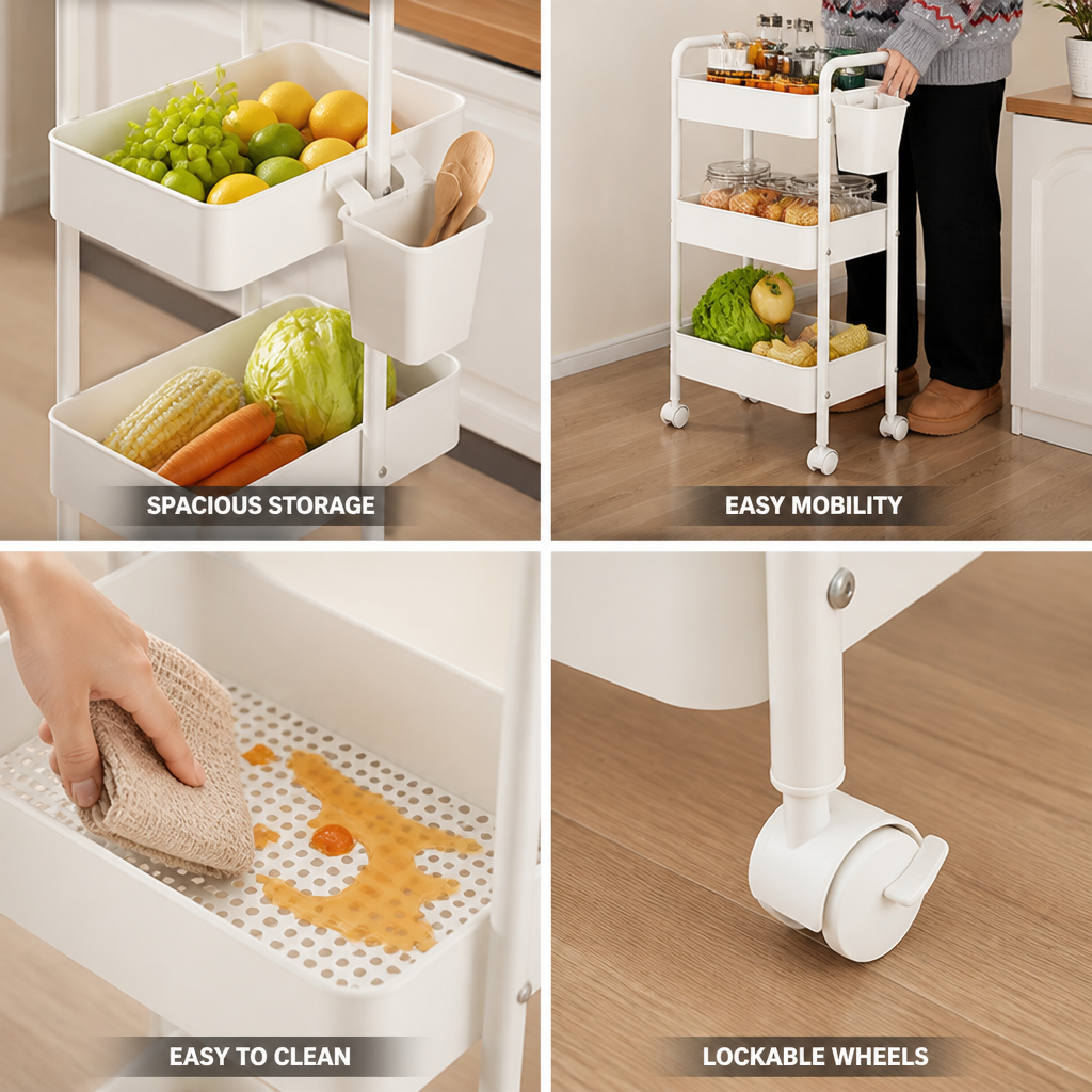 Kitchen Rolling Cart Carbon Steel Wheels & Removable Boxes