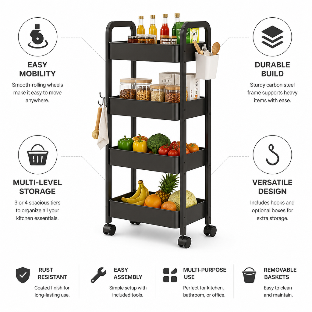 Kitchen Rolling Cart Carbon Steel Wheels & Removable Boxes