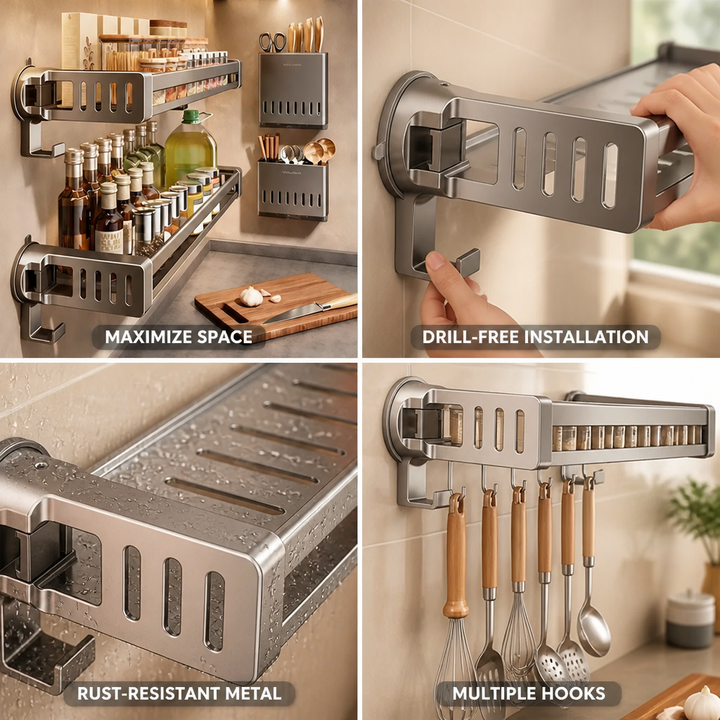 Kitchen Shelf Suction Cups & Hooks Rust-Resistant Metal
